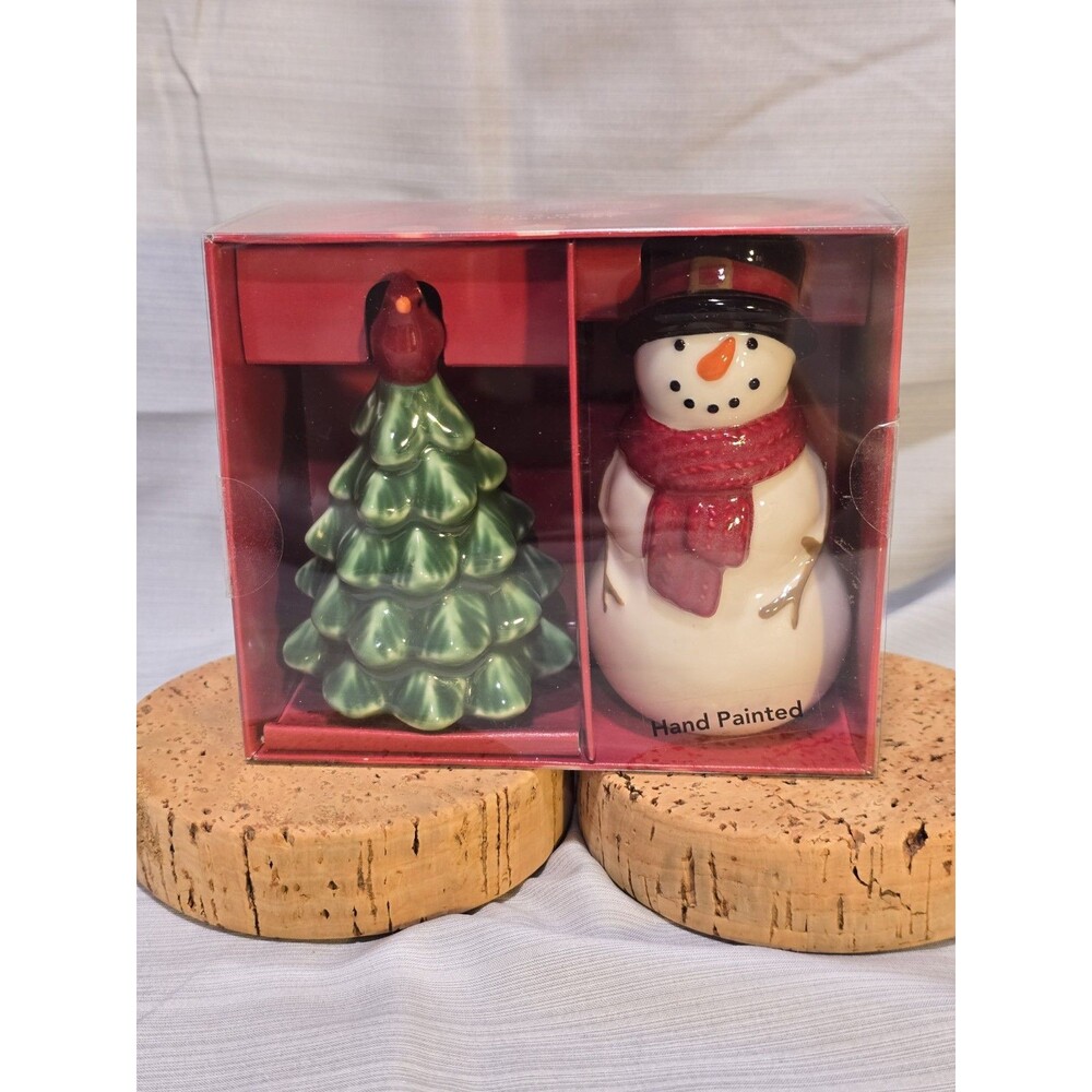 Ceramic St. Nicholas Square Holiday Salt Pepper Set Snowman Christmas Tree NIB